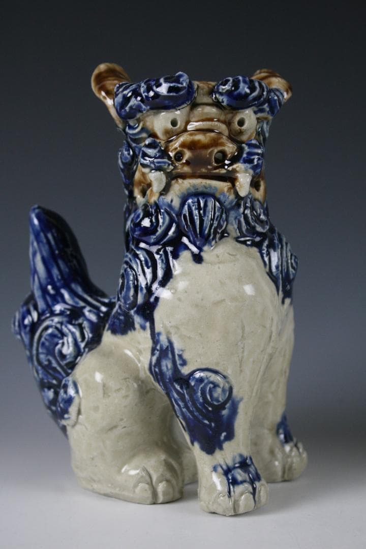 人間国宝金城次郎一門　金城敏徳 作　呉須色付立シーサー（中）1対