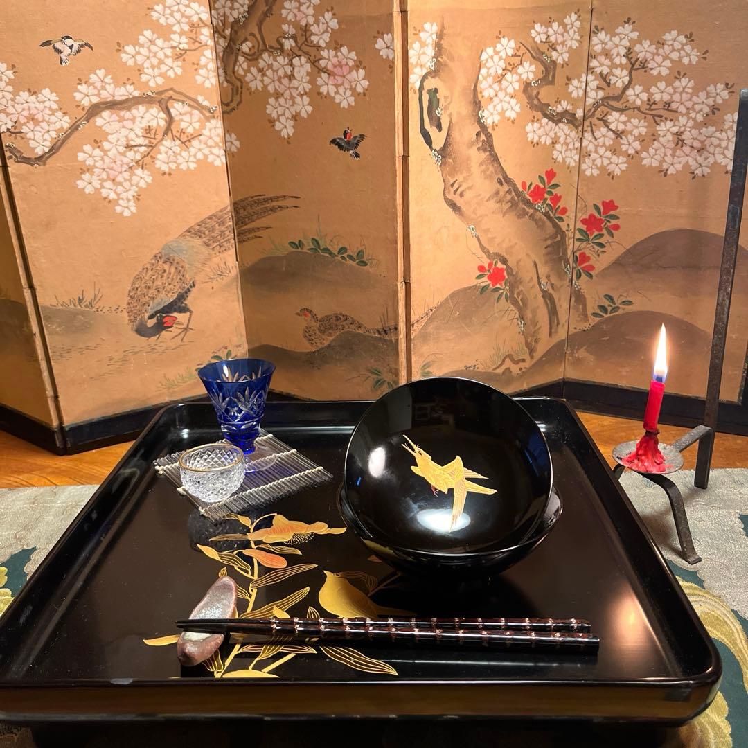 A915 木製輪島塗　黒塗　月に時鳥（ホトトギス）蒔絵　5客