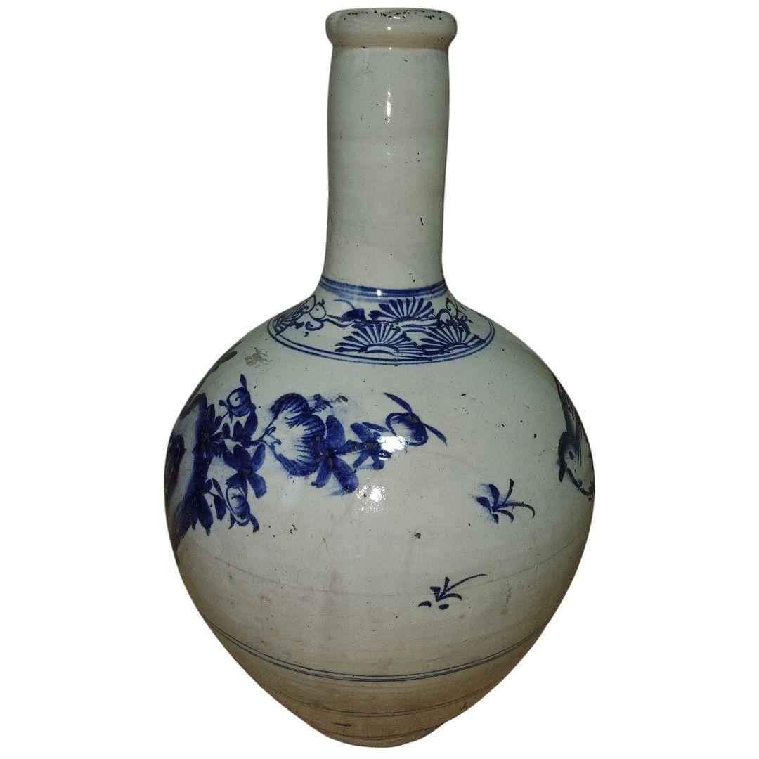 明治美術　越後豊栄　民窯大丘焼　四君子草花文染付徳利　高さ50cm