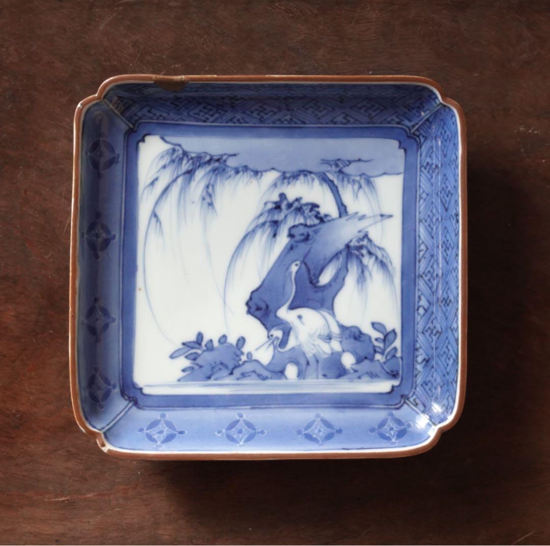 江戸時代　前期　古伊万里　藍九谷　柳下　白鷺文　角皿　隅落し　平向付　食器　②