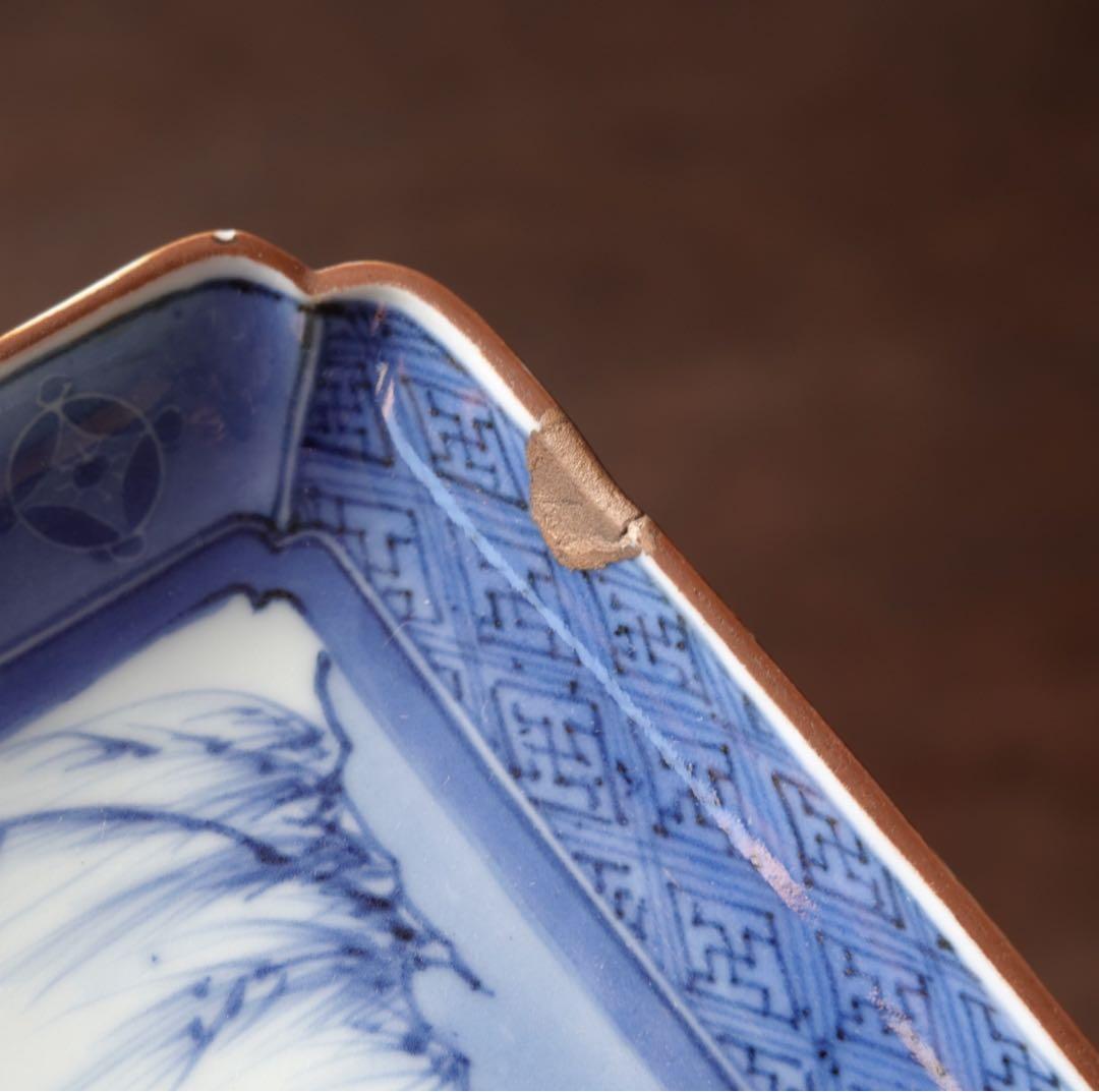 江戸時代　前期　古伊万里　藍九谷　柳下　白鷺文　角皿　隅落し　平向付　食器　②