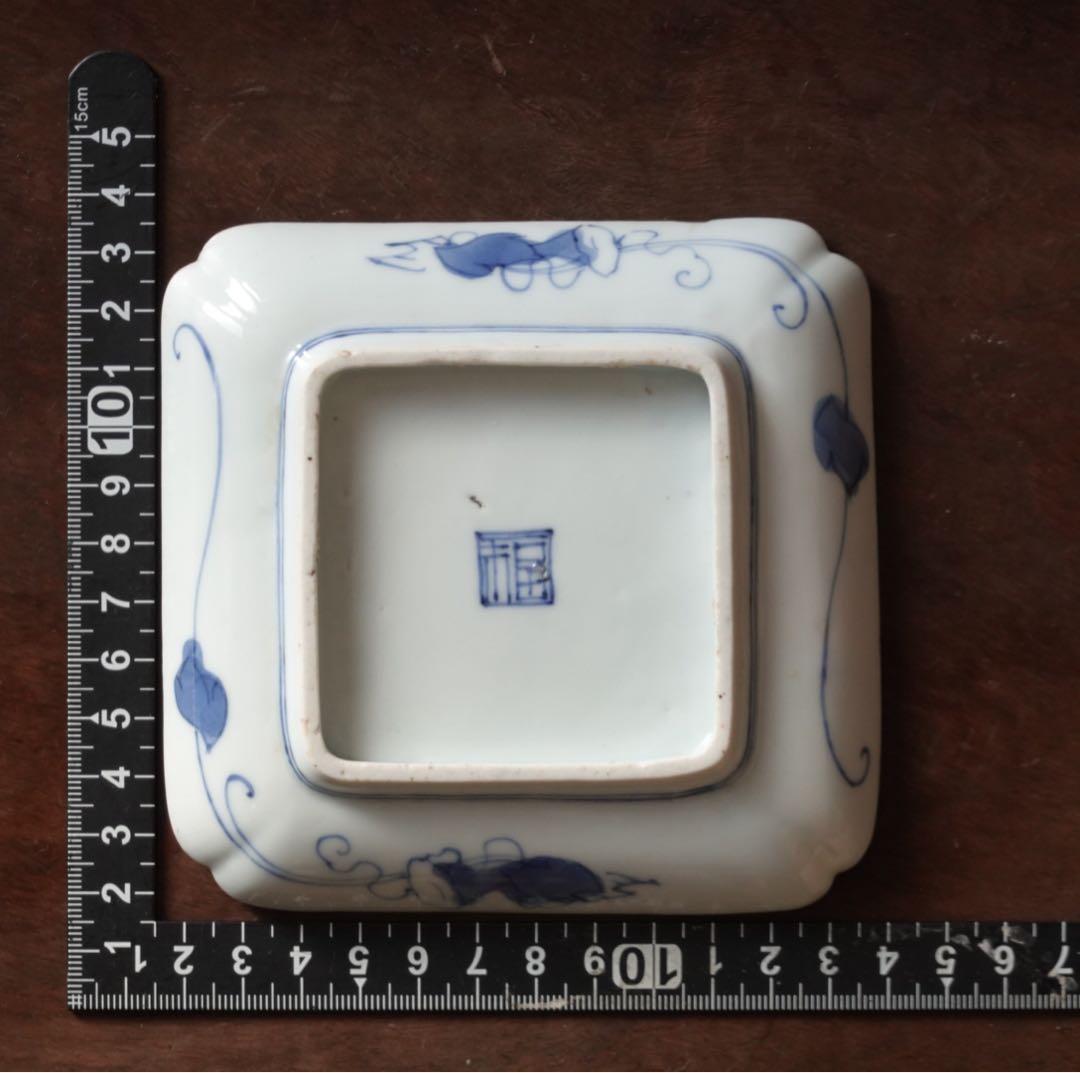 江戸時代　前期　古伊万里　藍九谷　柳下　白鷺文　角皿　隅落し　平向付　食器　②