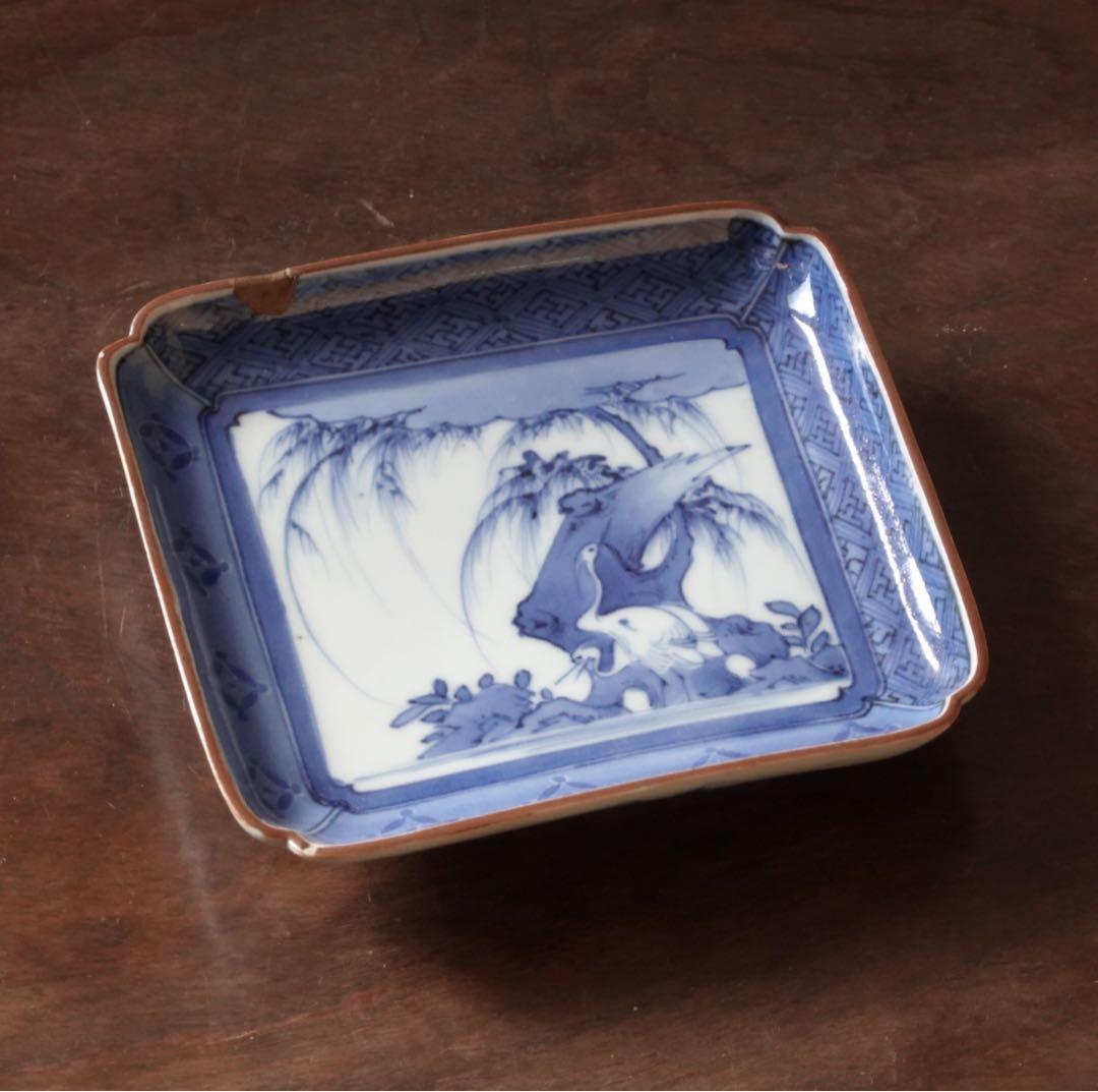 江戸時代　前期　古伊万里　藍九谷　柳下　白鷺文　角皿　隅落し　平向付　食器　②