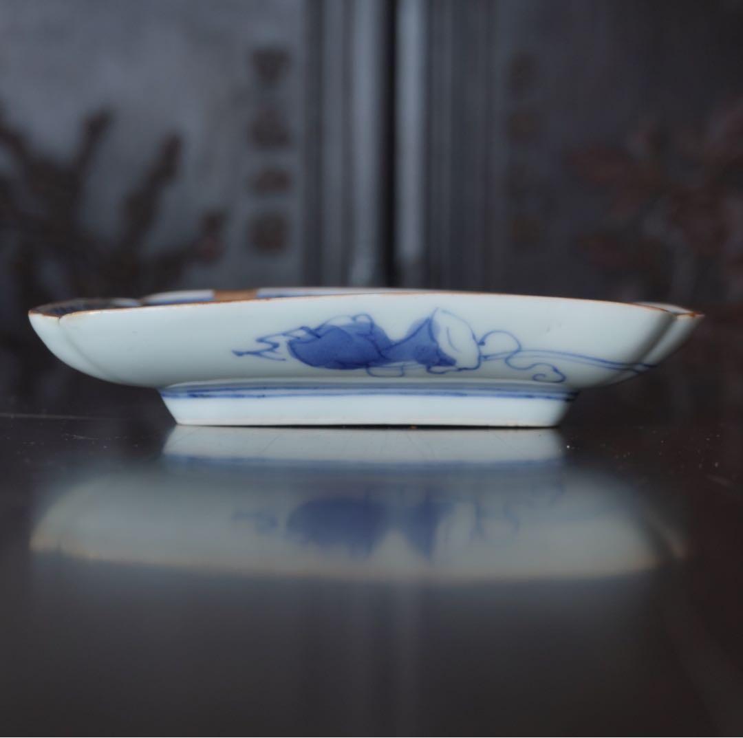 江戸時代　前期　古伊万里　藍九谷　柳下　白鷺文　角皿　隅落し　平向付　食器　②