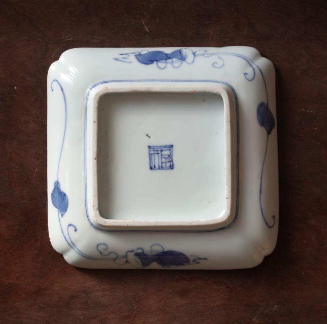 江戸時代　前期　古伊万里　藍九谷　柳下　白鷺文　角皿　隅落し　平向付　食器　②