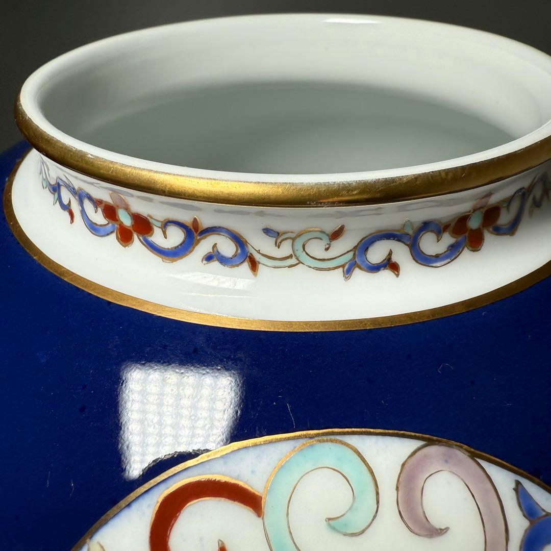 オールド香蘭社　昭和10年頃　色絵丸文様花瓶　鮮やかな香蘭社ブルー　里帰り品