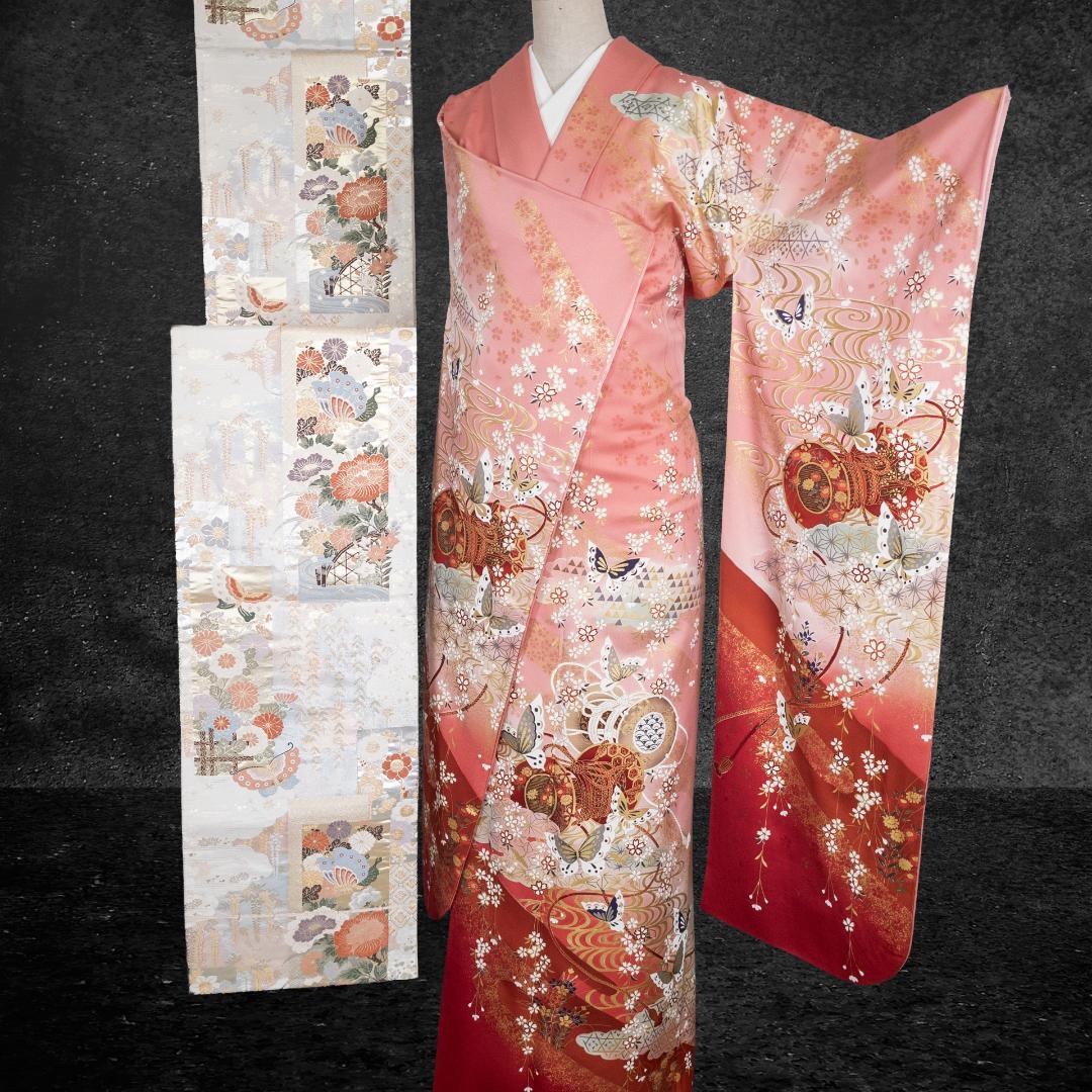 値下げコメント対応しません R7SK1333 振袖+帯 2点セット 金彩