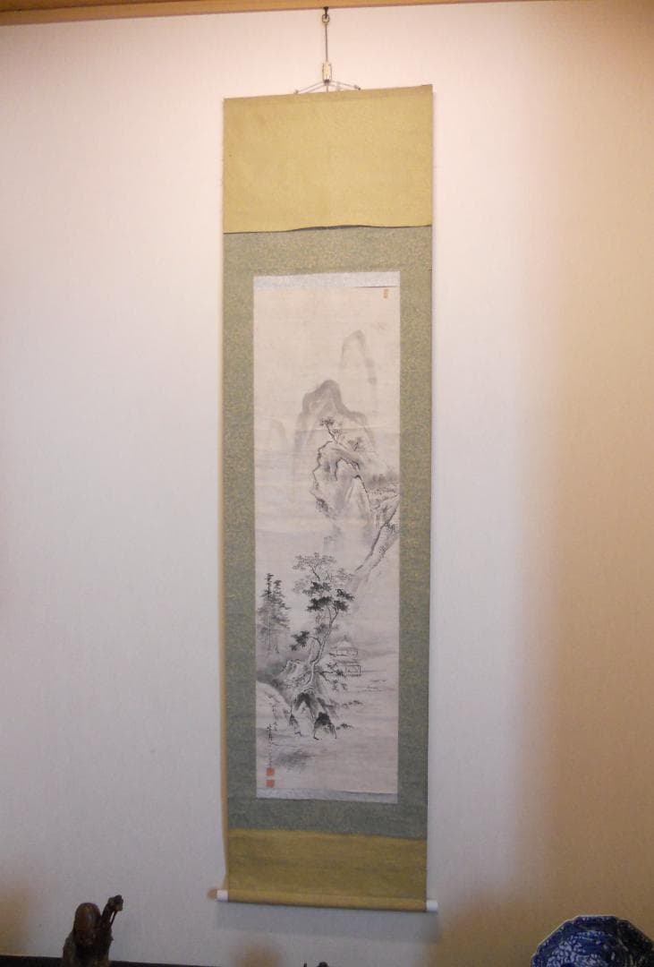 掛け軸 河村芳舟 晩秋山水図 紙本 希少 軸装 茶道具 掛軸 です。