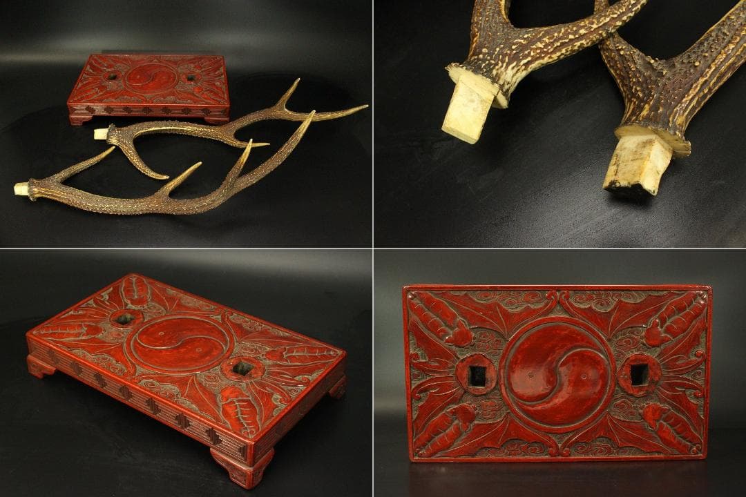 武具甲冑 讃岐 堆朱 刻 雲蝙蝠 鹿角 吉祥 刀掛(LC328)