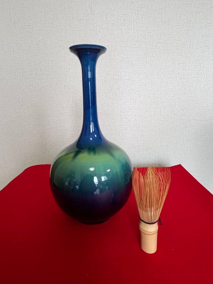 【特価】柳雨軒 三代 人間国宝 徳田八十吉（正彦銘）碧明釉 花生 T255