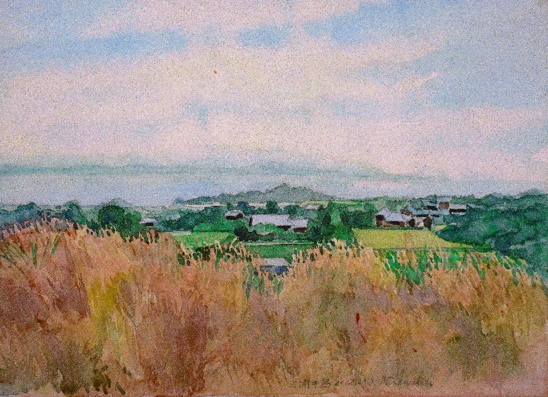 ススキの丘から東京湾一望 水彩画 木製額縁