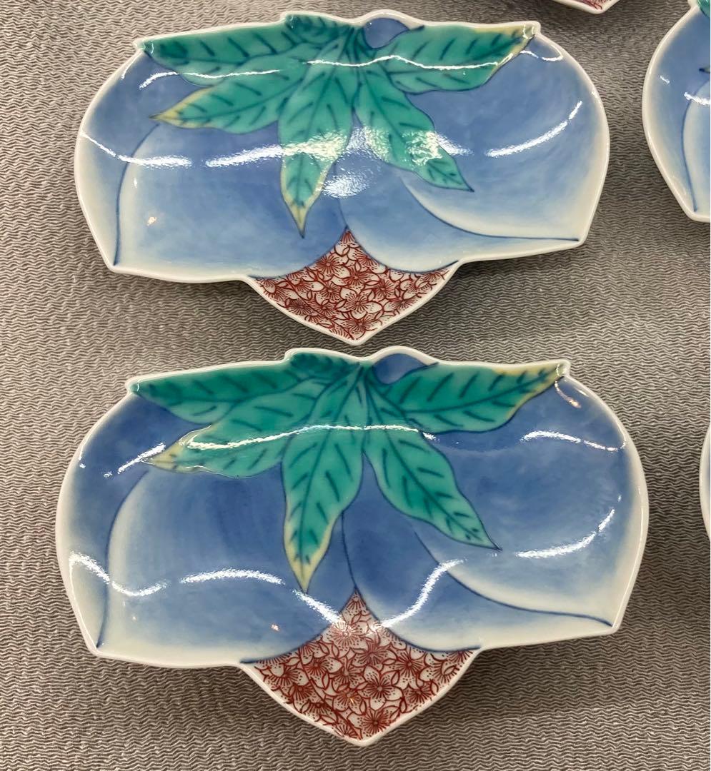 B100s  今泉今右衛門「色絵双桃変形小皿  5枚」  鍋島焼　箱無し　有田焼