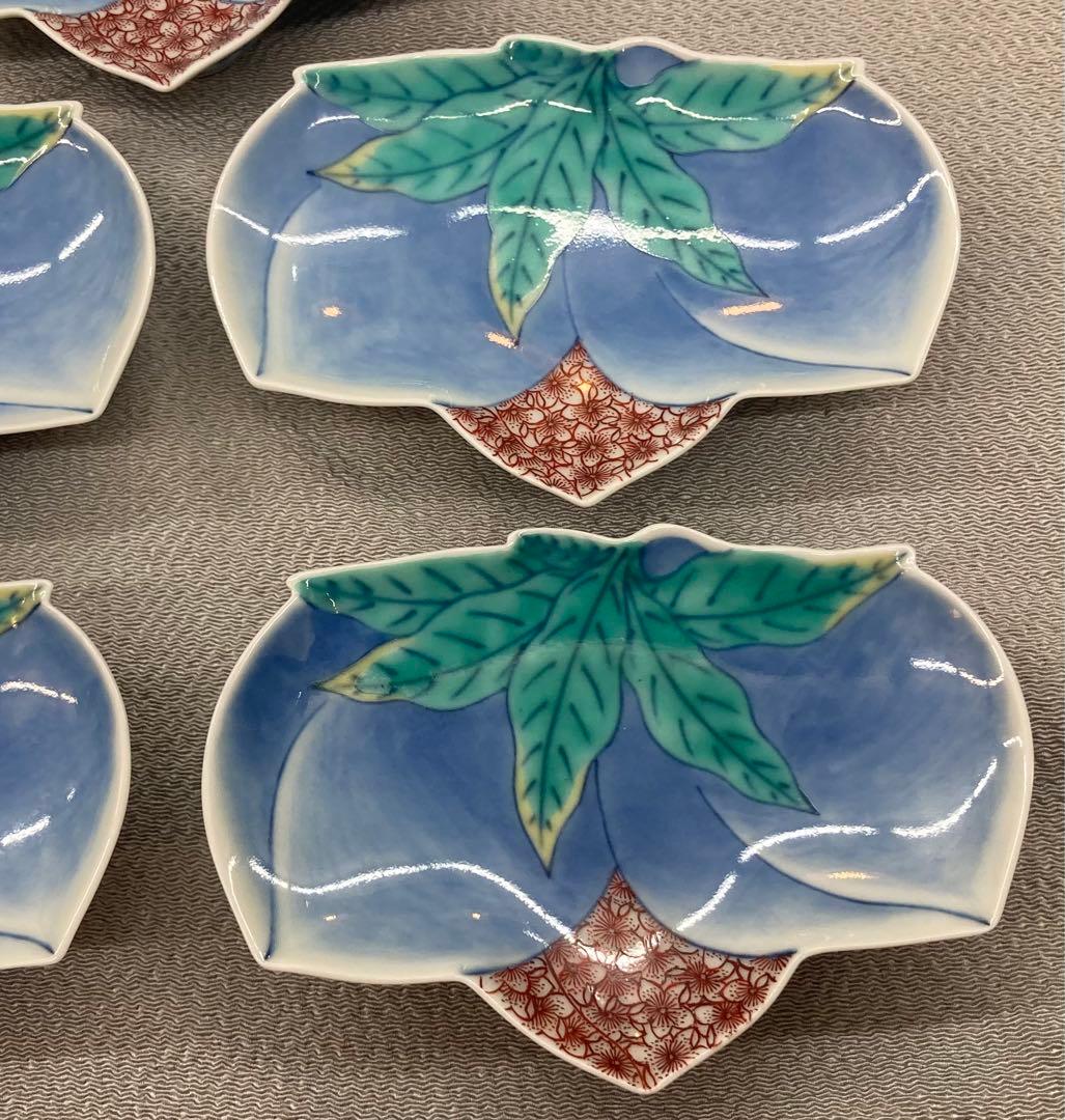 B100s  今泉今右衛門「色絵双桃変形小皿  5枚」  鍋島焼　箱無し　有田焼