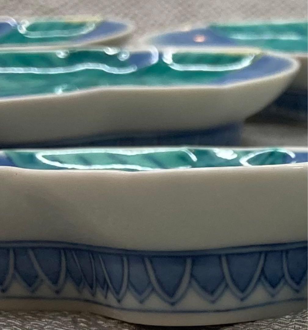 B100s  今泉今右衛門「色絵双桃変形小皿  5枚」  鍋島焼　箱無し　有田焼