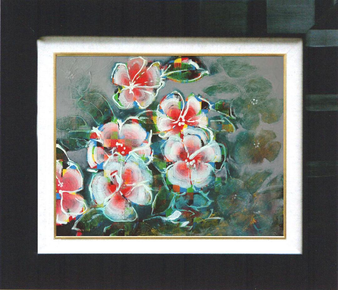 油絵 菅家令子 絵 絵画インテリア 額付(青緑＋金色の枠) F4-091216花