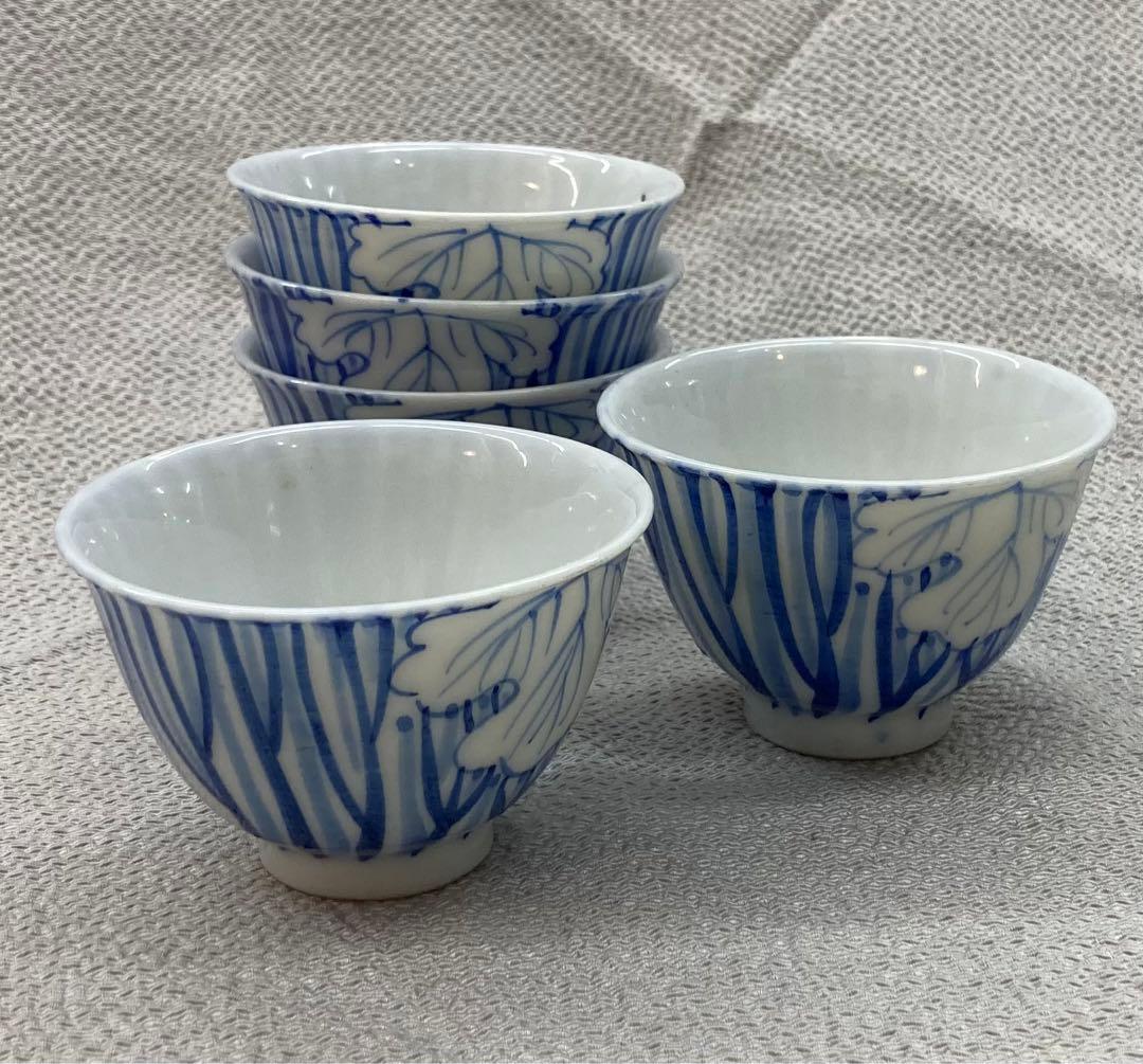 B151s  染付一葉煎茶碗　5個　茶道具　瀬戸　骨董　ぐい呑　盃