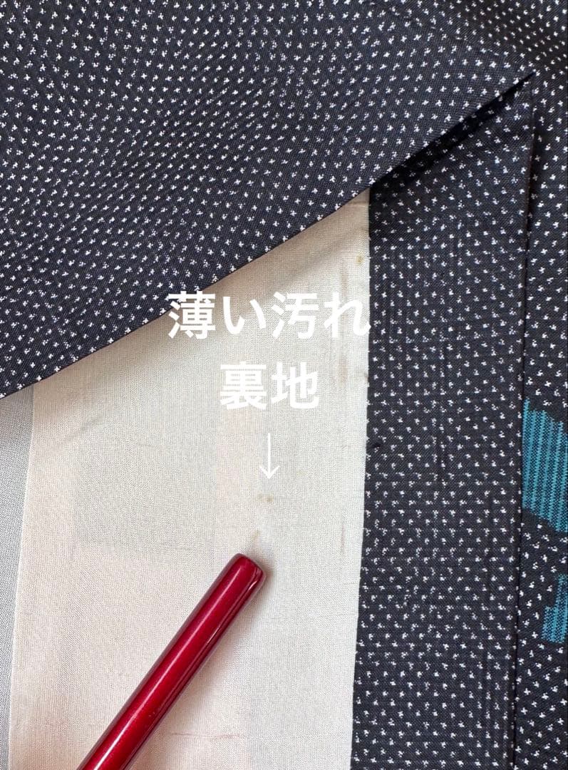 大島紬　かわいい　黒地　あられに椿　７マルキ