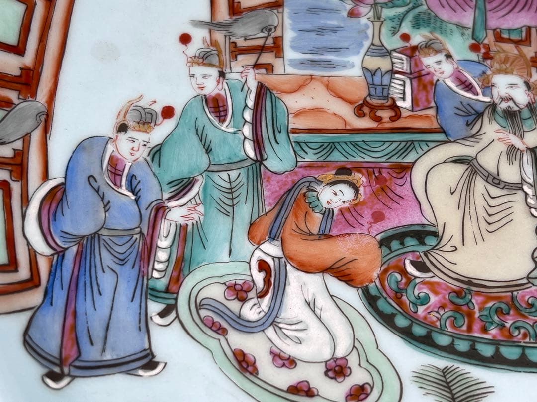 中国美術　大清同治年製在銘　粉彩人物像　唐物　古賞物　茶道具　コウモリ　美品