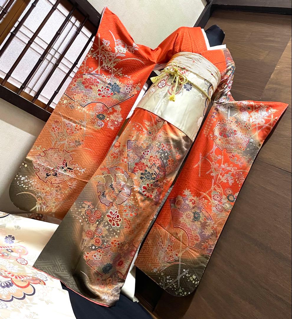 振袖フルセット6点サイズM〜Ｌ駒刺繍　地紙御所車文　暈し染め　金銀彩　正絹