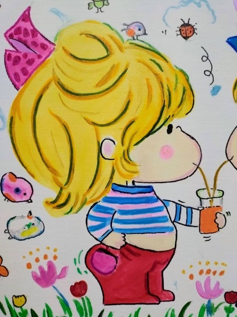 【F6号】水森亜土　手描き作品/表裏サイン・裏描き有/油彩/アクリル/額縁/額装