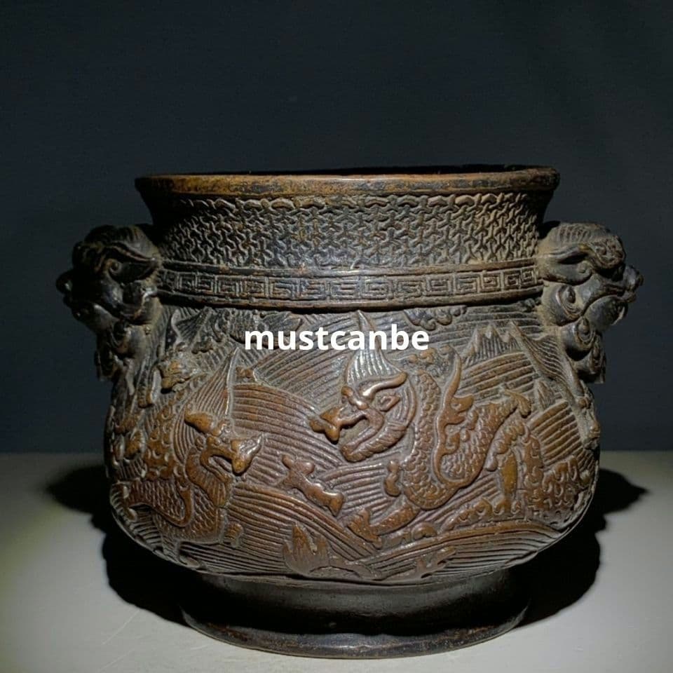 香炉 浮彫り竜紋獣耳香炉 挿し香炉 銅製品 工芸品 置物