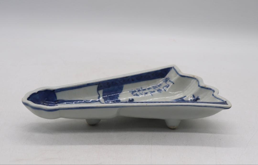 古染　三足付　末広向付　山水人物紋　送料込み250214