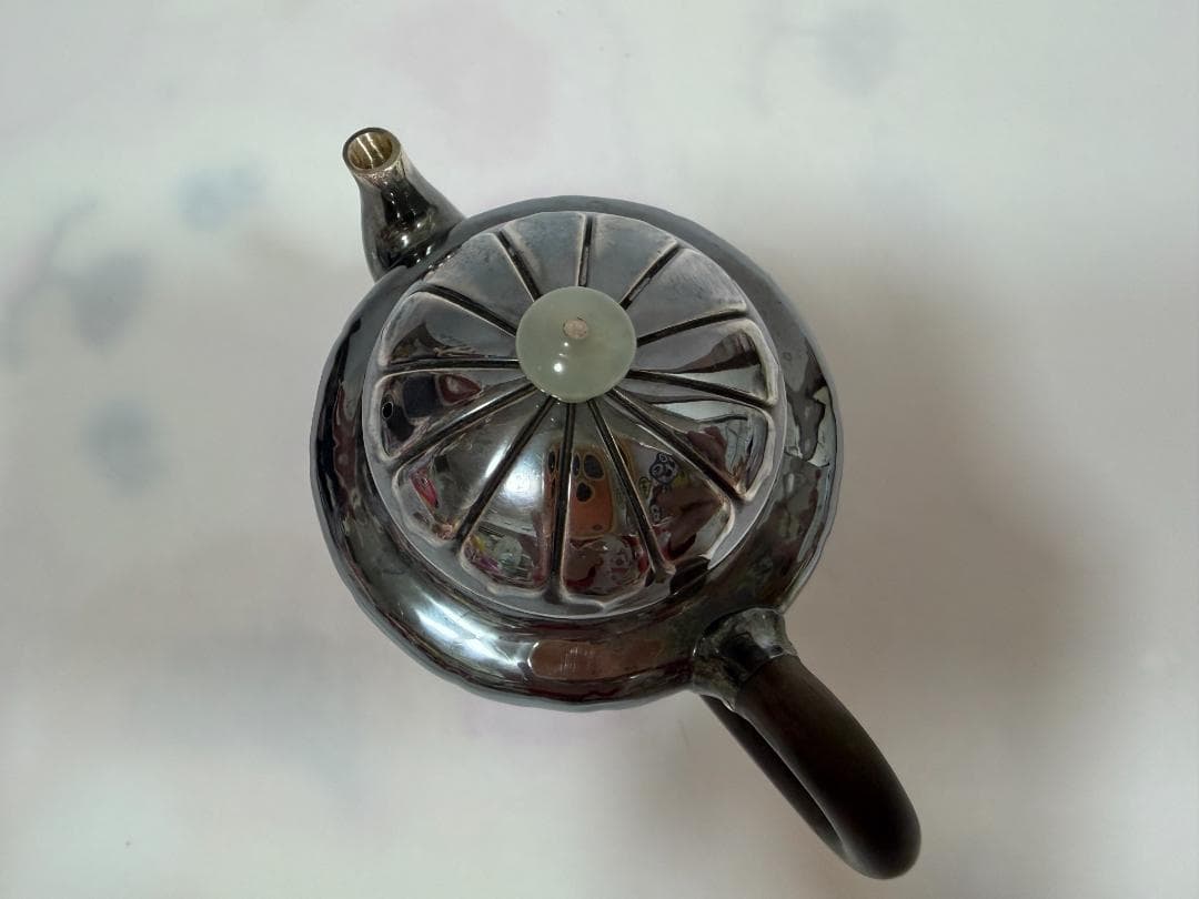 純銀製 菊筋文 玉石摘 急須 銀瓶 煎茶道具