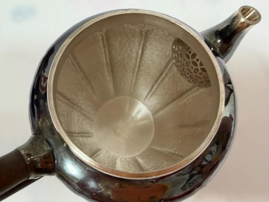 純銀製 菊筋文 玉石摘 急須 銀瓶 煎茶道具