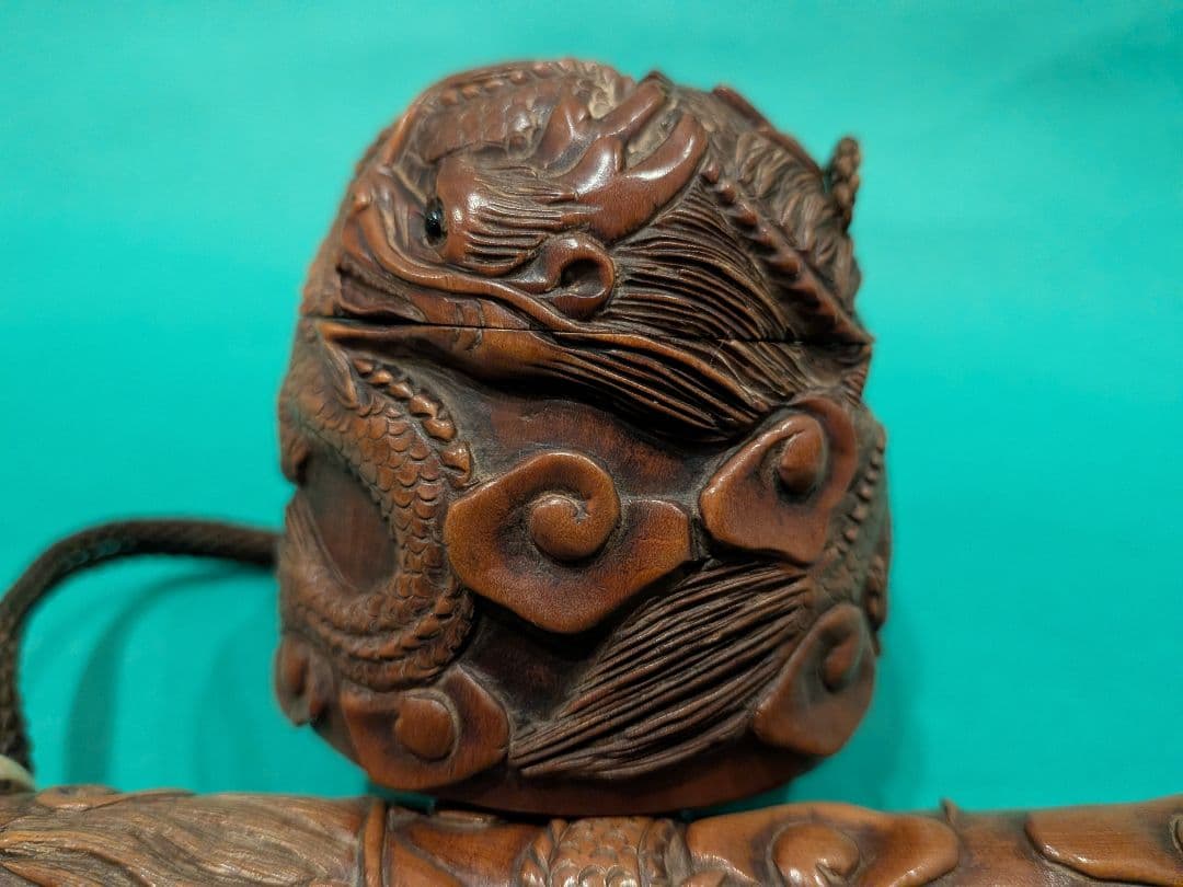 双龍彫刻 柘植製矢立、墨入れセットA3、日本製携帯用墨壺と筆入れセット、希少品、