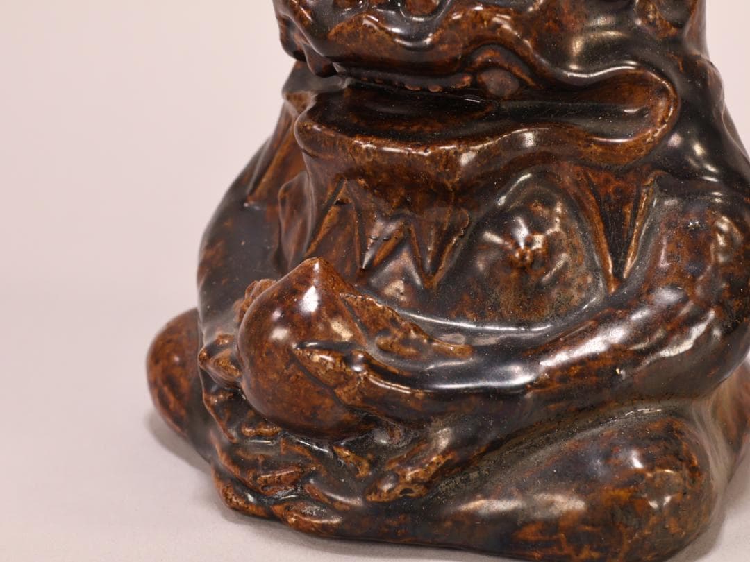 BK400　江戸期　古瀬戸焼　在銘あり　飴釉薬　鬼置物　魔除　風水