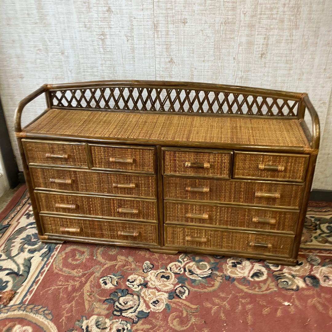 昭和レトロ ラタンサイドボード テレビ台 古家具 4段10杯 引き出し箪笥