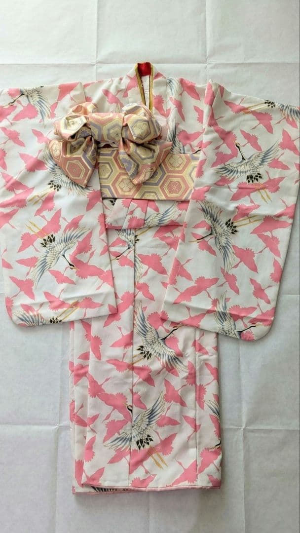 7歳　ぷちぷり白ピンク飛鶴　七五三　お着物・帯セット