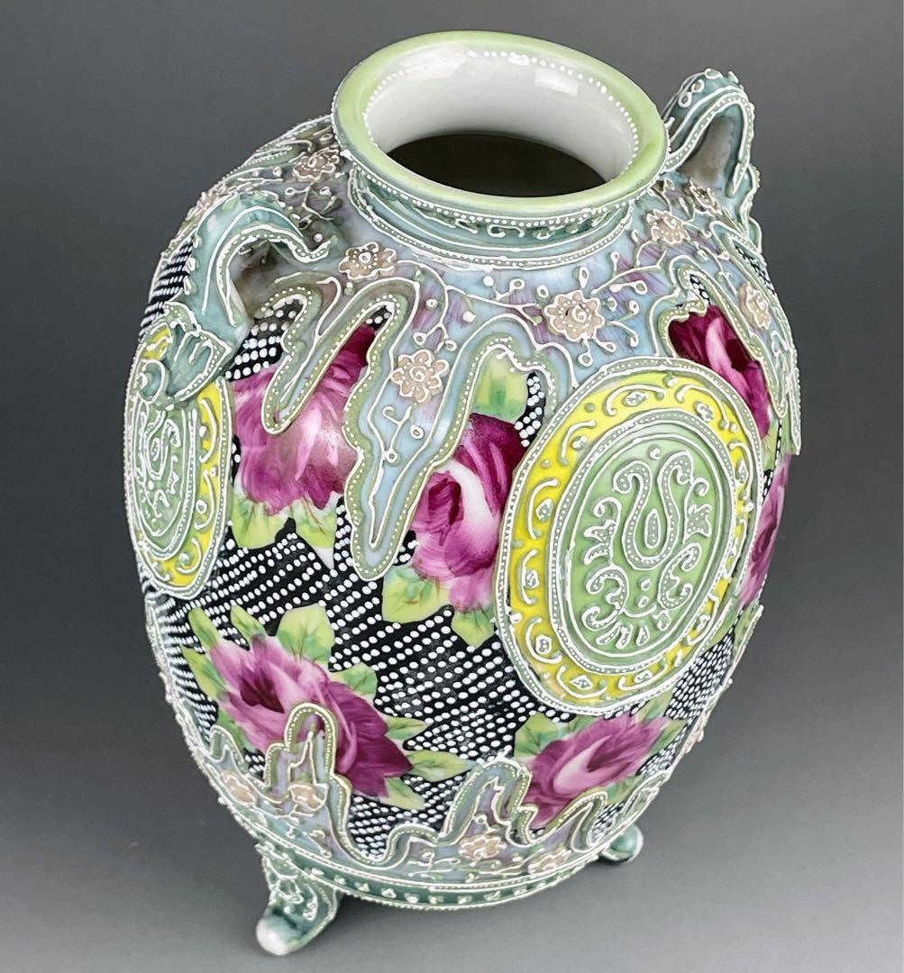 【希少】オールドニッポン 薔薇紋 一陳盛上げ アールヌーボー 花瓶 ビーディング