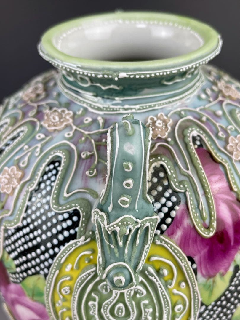 【希少】オールドニッポン 薔薇紋 一陳盛上げ アールヌーボー 花瓶 ビーディング