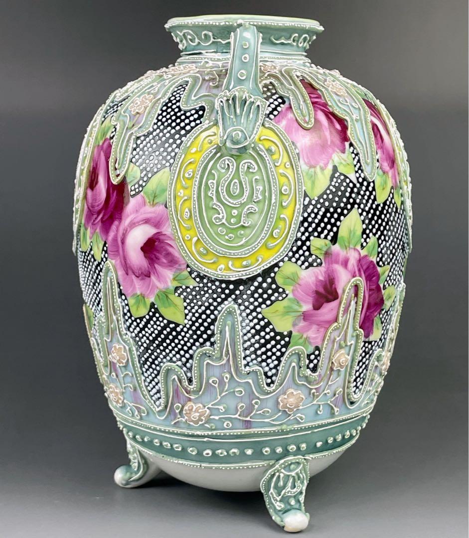 【希少】オールドニッポン 薔薇紋 一陳盛上げ アールヌーボー 花瓶 ビーディング