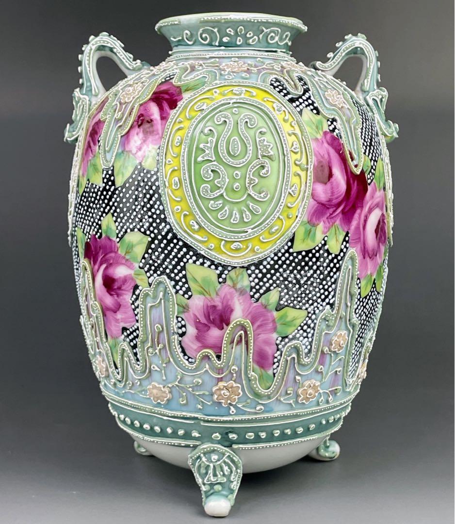 【希少】オールドニッポン 薔薇紋 一陳盛上げ アールヌーボー 花瓶 ビーディング