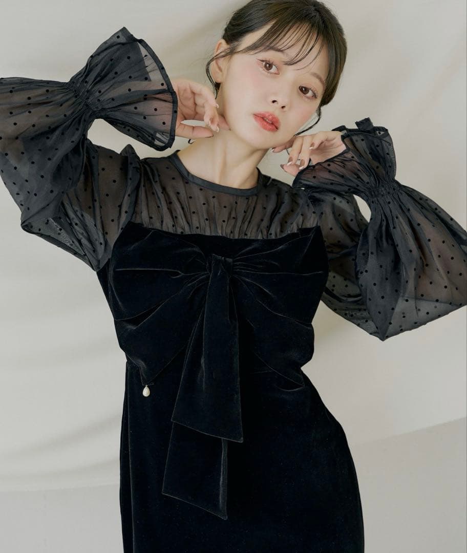 chico 配色シアーリボンベロアワンピース/オケージョン