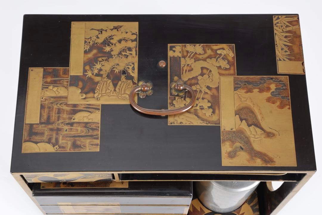 漆塗金蒔絵 野弁当 野点 花見重 重箱 錫製徳利 台付 骨董 古美術漆器　漆