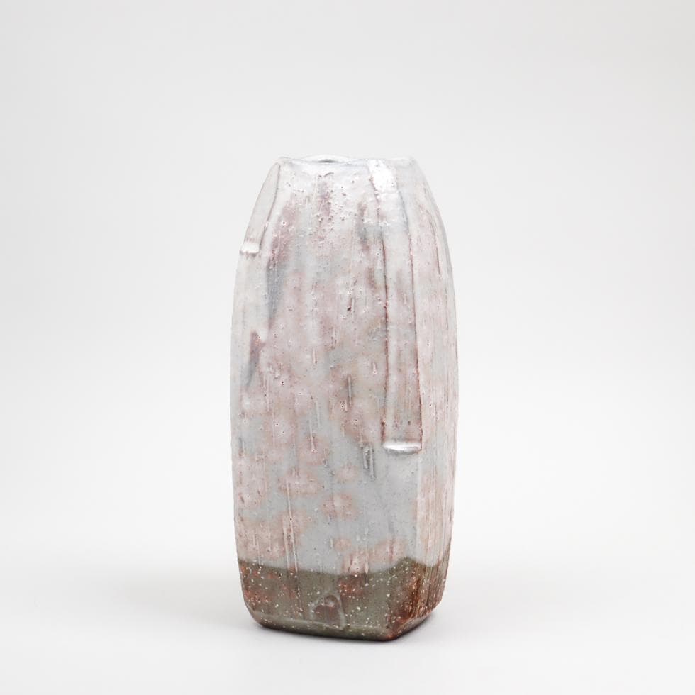 萩焼 岡田裕 四方花瓶 飾り壺 共箱 美品