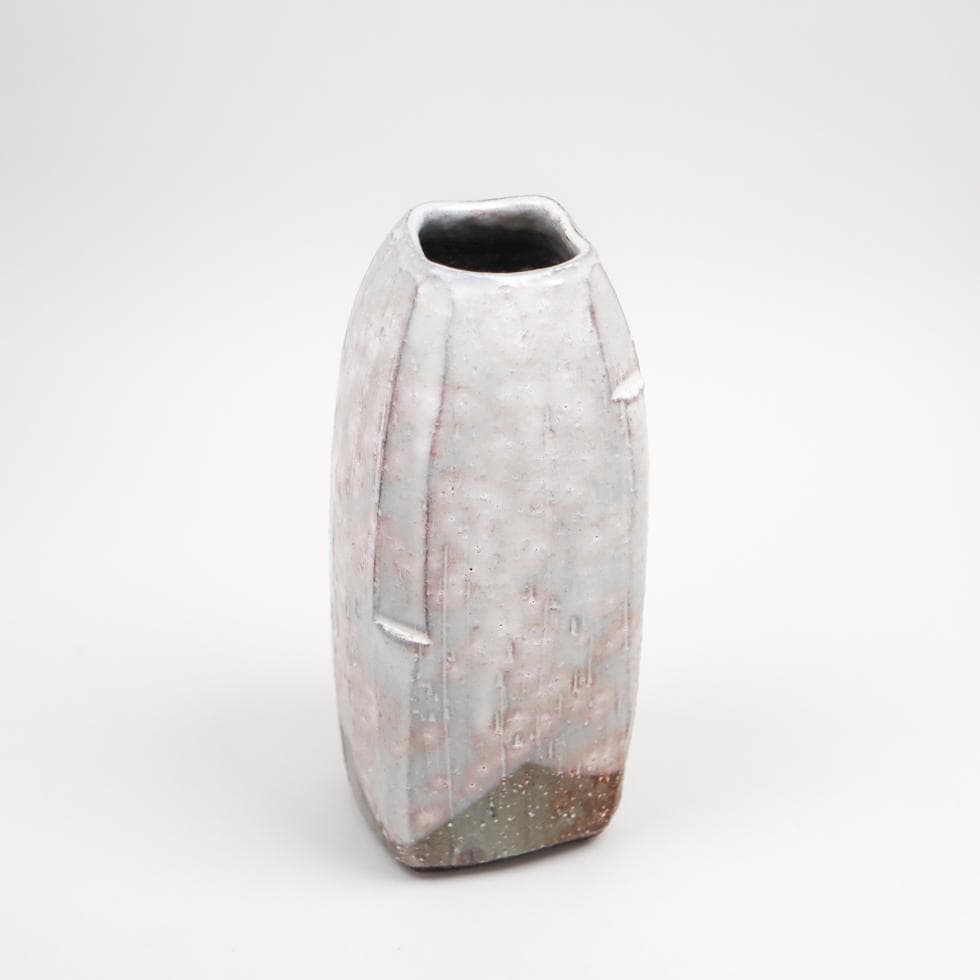 萩焼 岡田裕 四方花瓶 飾り壺 共箱 美品