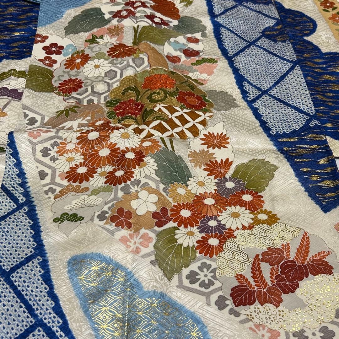 高島屋 千總 刺繍 白と青地染め分け振袖セット小物フルセット 狐の襟巻き