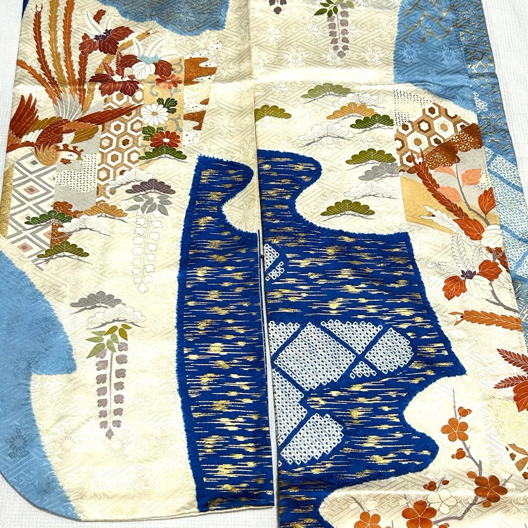 高島屋 千總 刺繍 白と青地染め分け振袖セット小物フルセット 狐の襟巻き