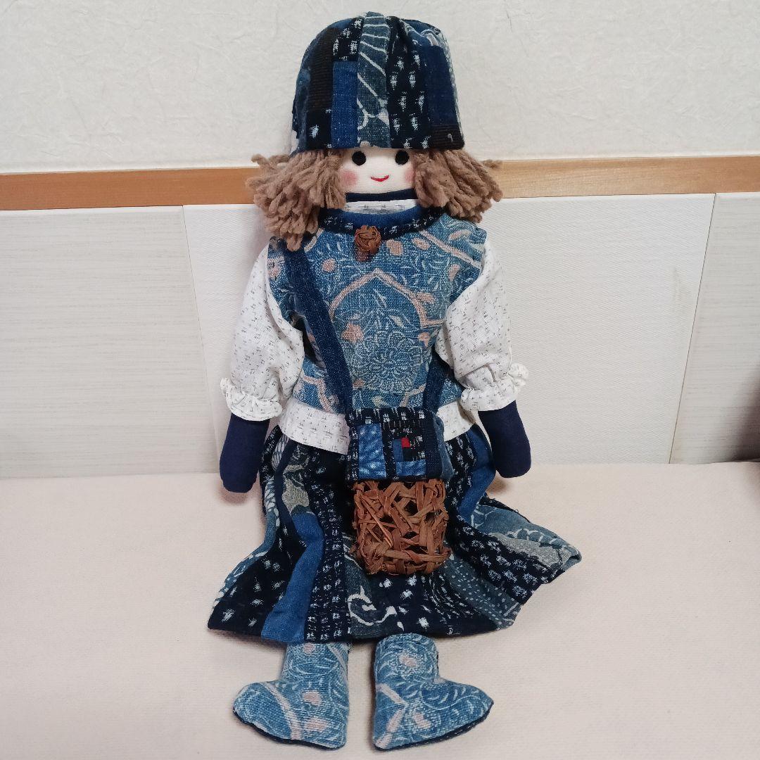 古布リメイク～古布型染め雪ん子絣藍染古布人形山葡萄バック