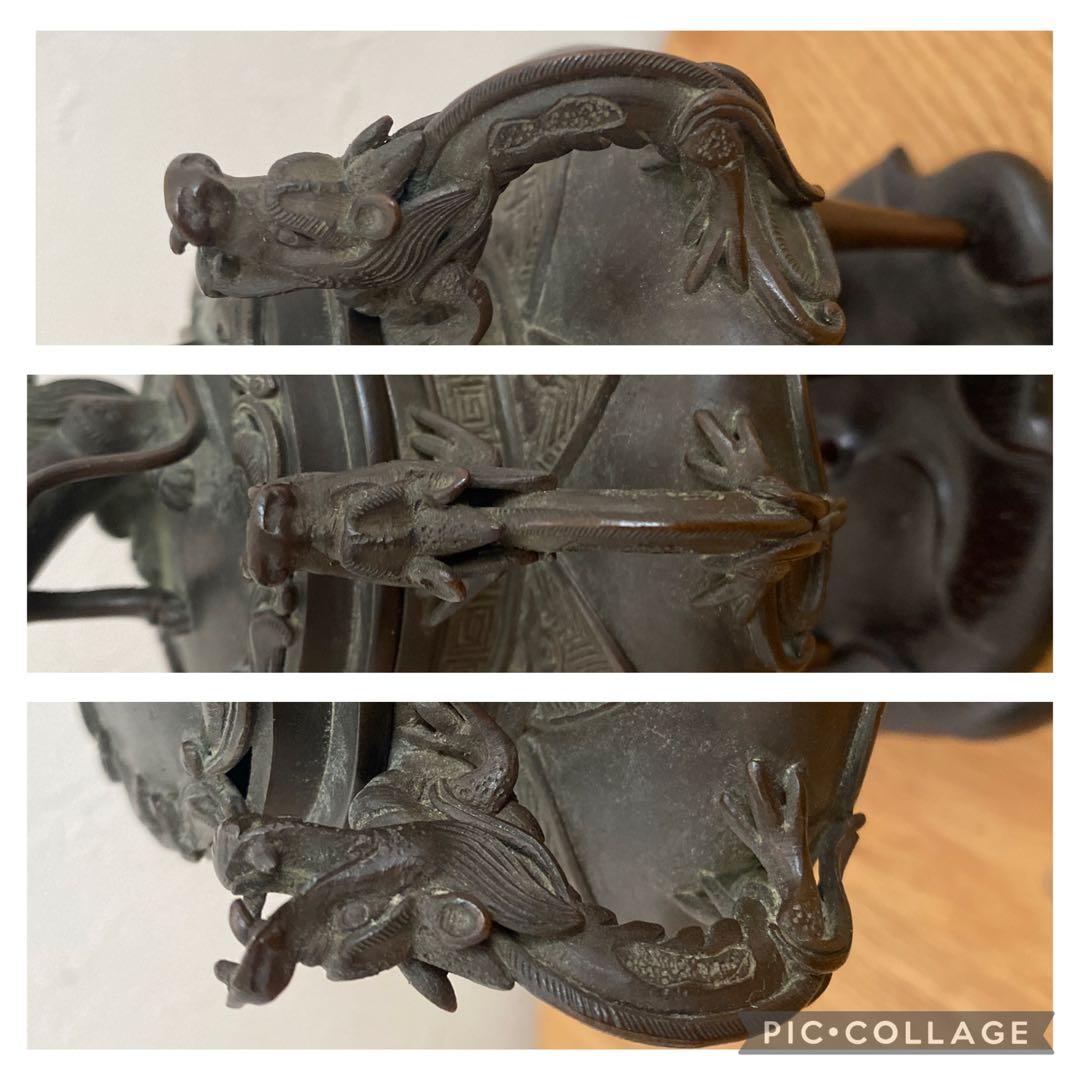 古玩 獅子蓋龍耳香炉 三脚香炉　銅器彫刻 　香櫨　三つ足香炉　中国美術　朝鮮