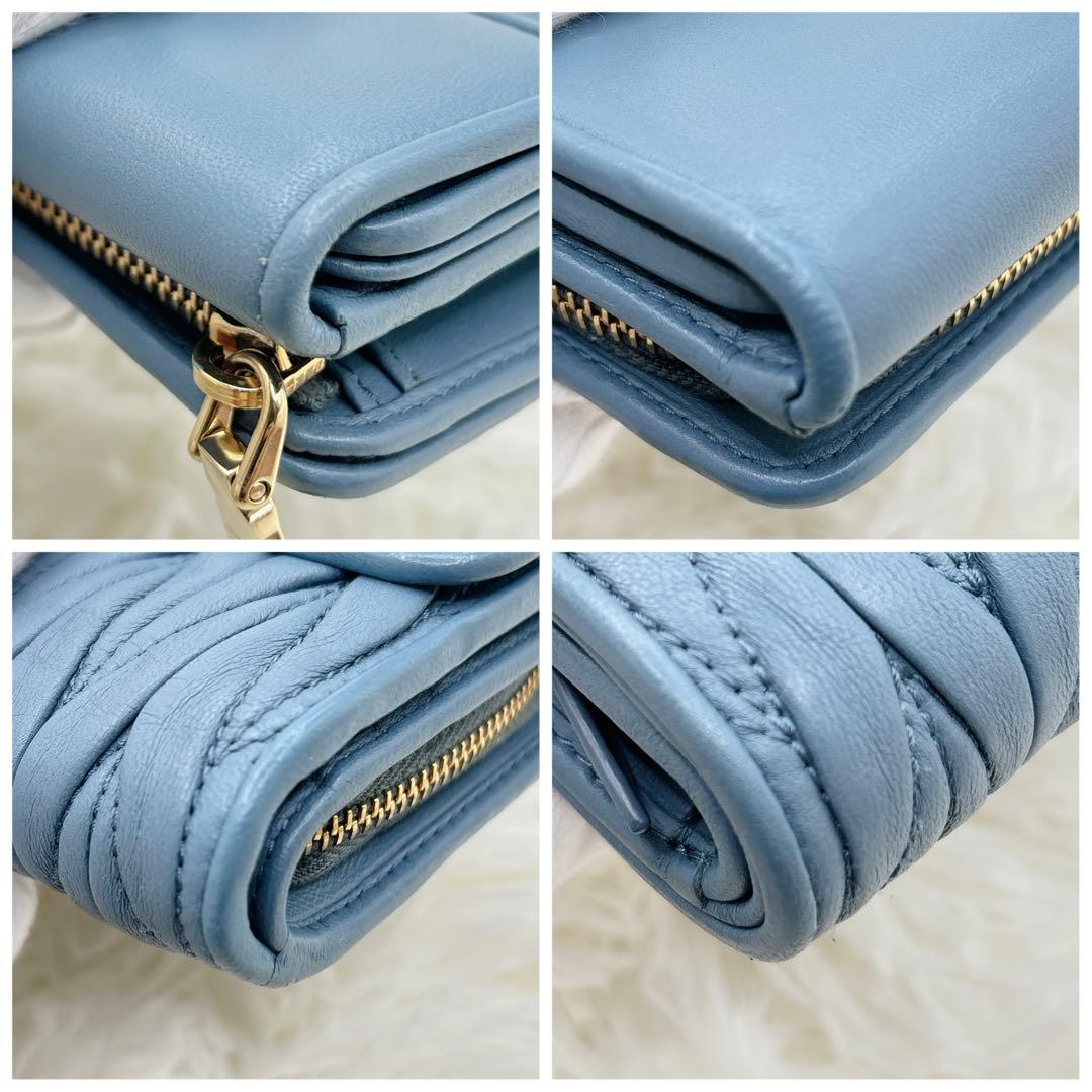 極美品✨現行ロゴ ミュウミュウ マテラッセ 三つ折り財布 ブルー RFID