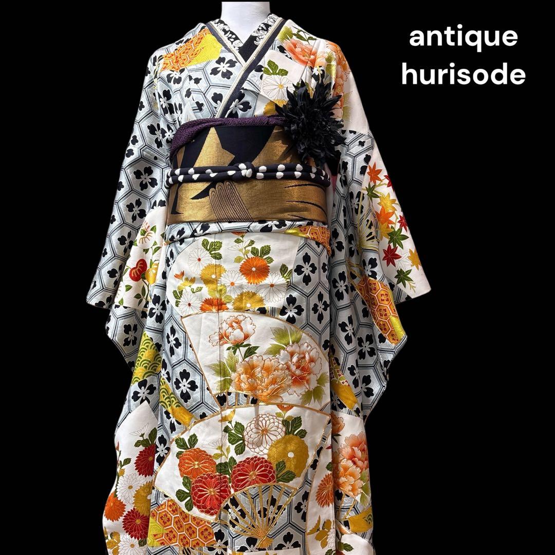 (あ913) モダンな粋を纏う ✦ グレーに黒亀甲花模様 アンティーク振袖セット