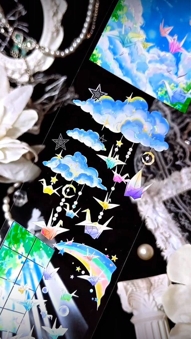 【8901】海外　マステ　3/5/巻　貝殻光マスキングテープ　虹　空　折り鶴