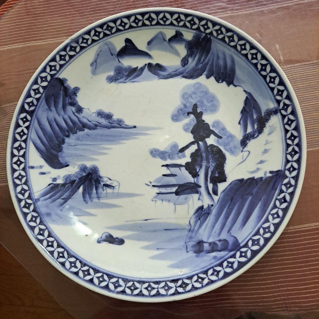 江戸初期　呉須　古伊万里　極上　七宝　楼閣山水図　角渦福　大皿