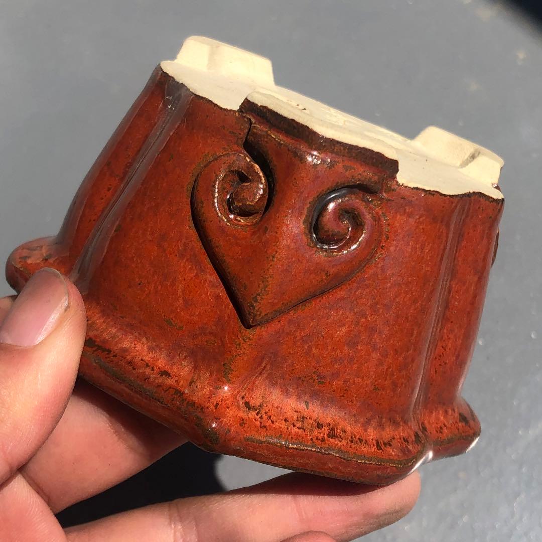 157.石舟 赤鉄釉飾足鉢 盆栽鉢 植木鉢 10*5.5cm