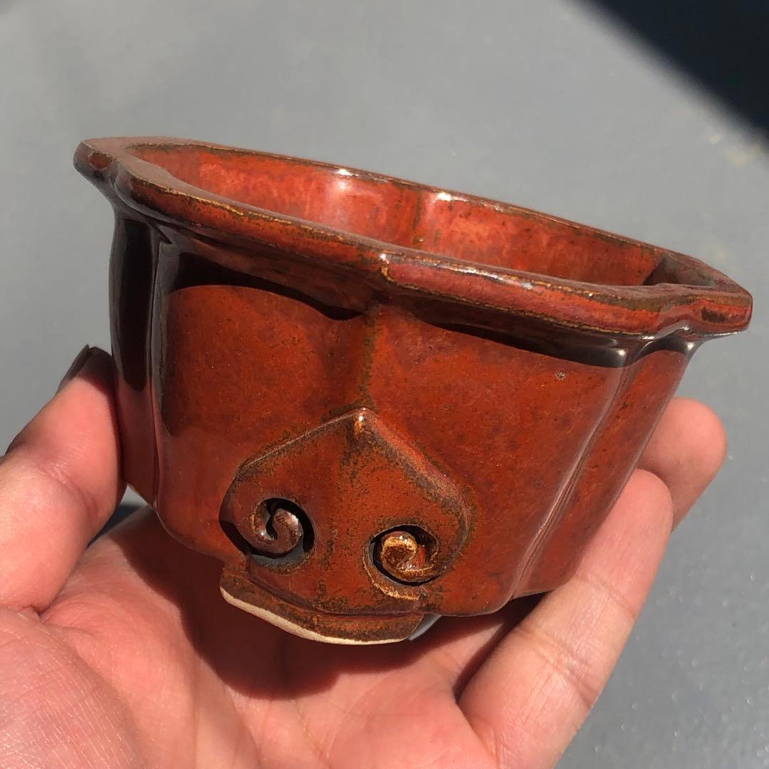 157.石舟 赤鉄釉飾足鉢 盆栽鉢 植木鉢 10*5.5cm